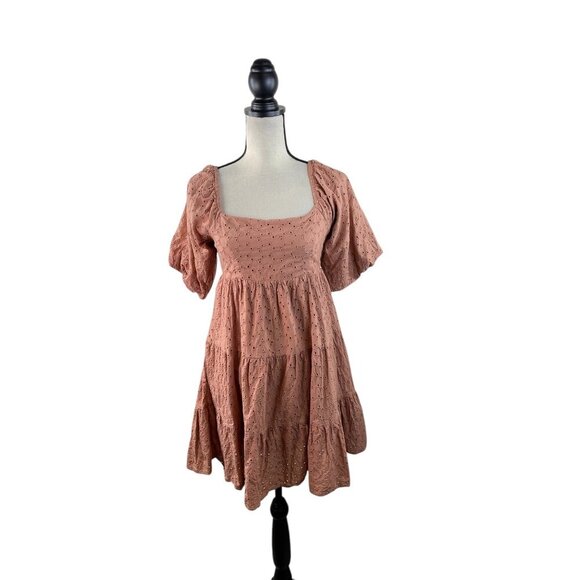 By Together Womens Square Neck Eyelet Dress With Puff Sleeves & Back Tie - M - Picture 1 of 9